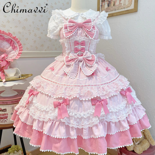 New 2025 Summer Original Sweet Lolita Jsk Dress Cute Bow Lace Stitching Kawaii Girls Women Elegant Slim Suspender Dresses