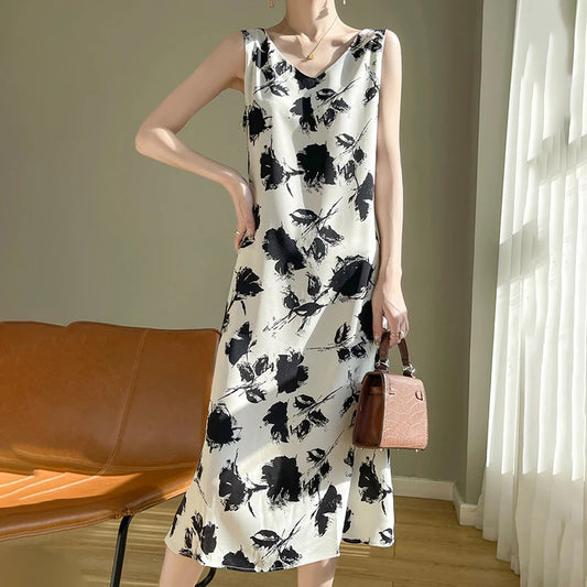 Summer new French silk vest dress for women, acetate satin V-neck light mature fashion floral A-line mid length skirt