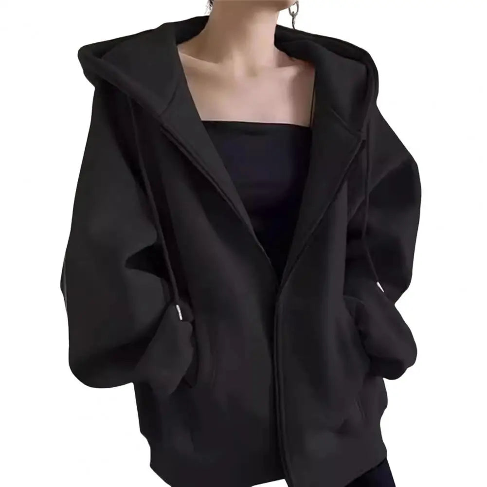 Autumn Winter Warm Long Gray/Black Jacket With Hood Long Sleeve Big Pocket Zipper Jacket Coat Women Casual Outerwear Coat Tops