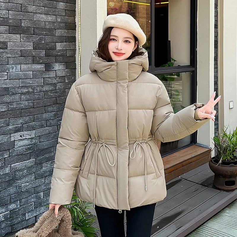 Women's Winter Padded Coat Solid Color Drawstring Waist-cinching Pockets Quilted Jacket For Female Minimalist Lady's Jacket