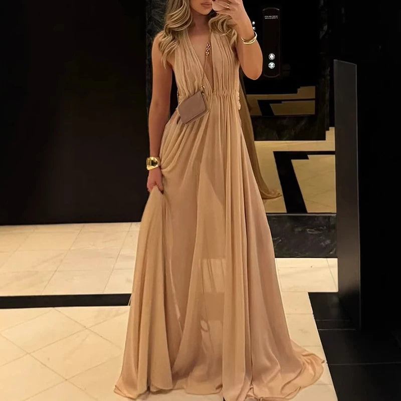 Fashion Full Length Gala Party Dress Vestidos Luxury Women High Waist Evening Dress Elegant V Neck Mesh Backless Evening Dress
