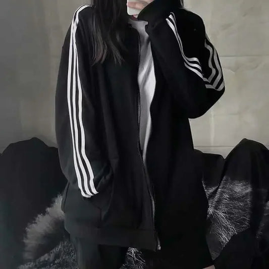 Spring Summer New Three Bars Jacket Women's Loose Thin Baseball Uniform Black Korean Style Student Fashion Outerwear Coat