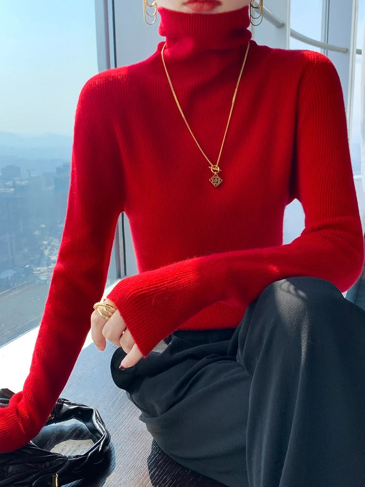 Grace Women Slim Sweater Pullover Turtleneck Basic Cashmere Autumn Winter 100% Merino Wool Knitwear Soft High-end Threaded Tops