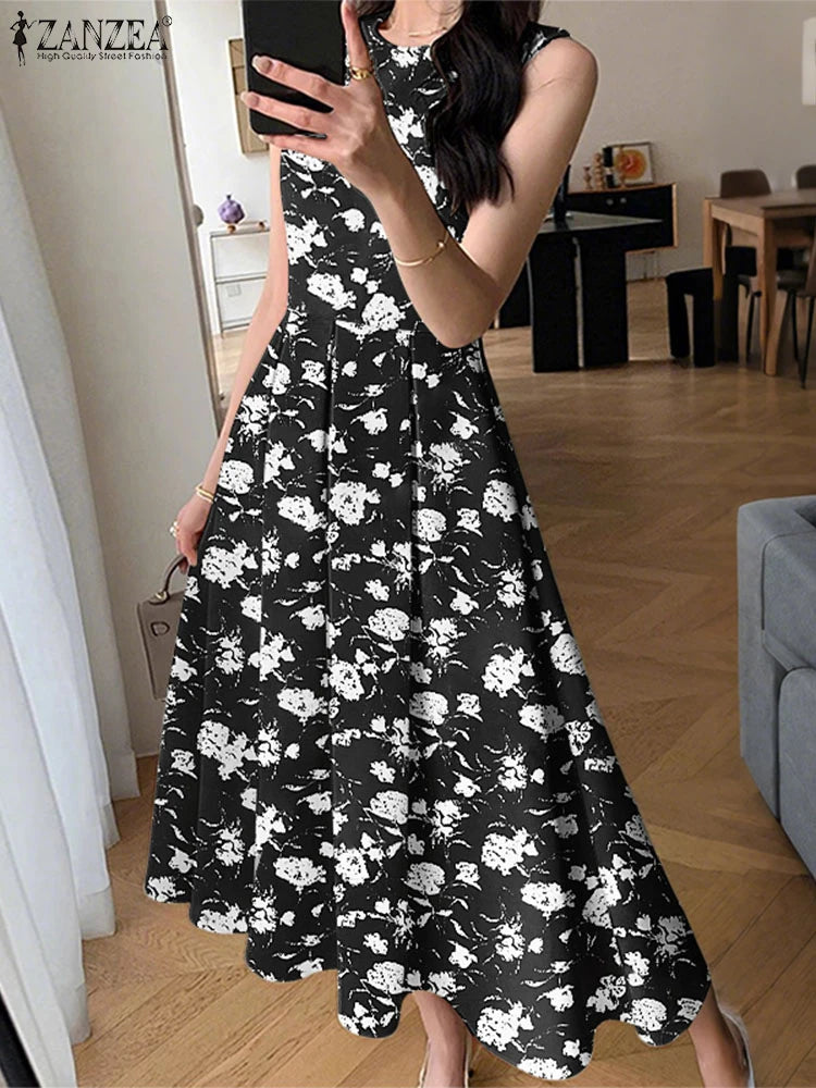 ZANZEA Women Sleeveless Pleated Dress 2024 Summer Korean A-line Tank Evening Dress Elegant Swing Vestido Vintage Party Long Robe