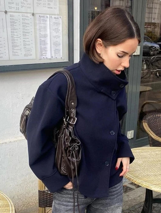 Fashion Women's Stand Collar Woolen Coats Long Sleeve Loose Female Short Coat 2025 Autumn Winter Office Lady Street Jacket