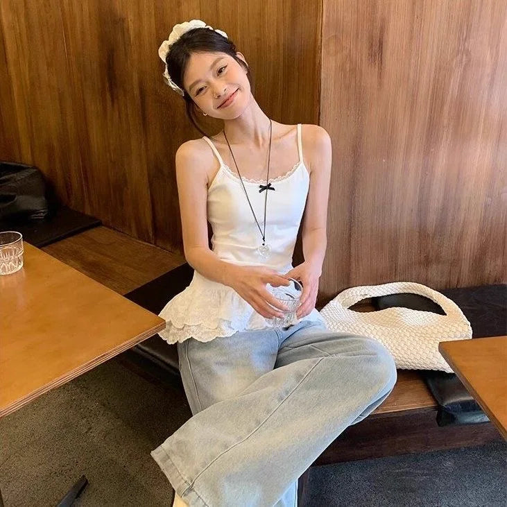 Bow Lace Patchwork Hem Cami White Top Women Camisole Long Ruffle Sleeveless 2025 Spring Autumn Y2K Korean Kawaii Camis Black