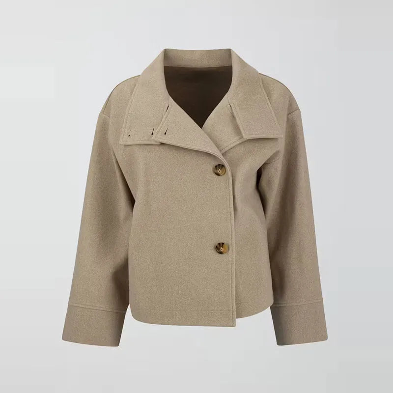 Fashion Women's Stand Collar Woolen Coats Long Sleeve Loose Female Short Coat 2025 Autumn Winter Office Lady Street Jacket