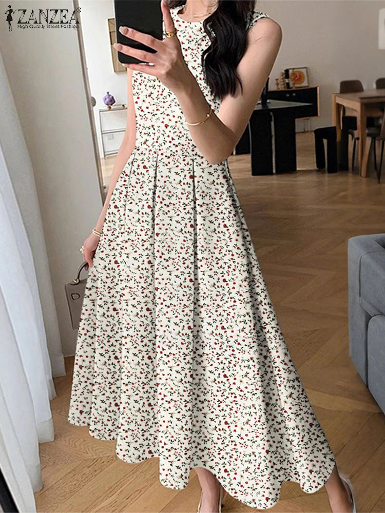 ZANZEA Women Sleeveless Pleated Dress 2024 Summer Korean A-line Tank Evening Dress Elegant Swing Vestido Vintage Party Long Robe