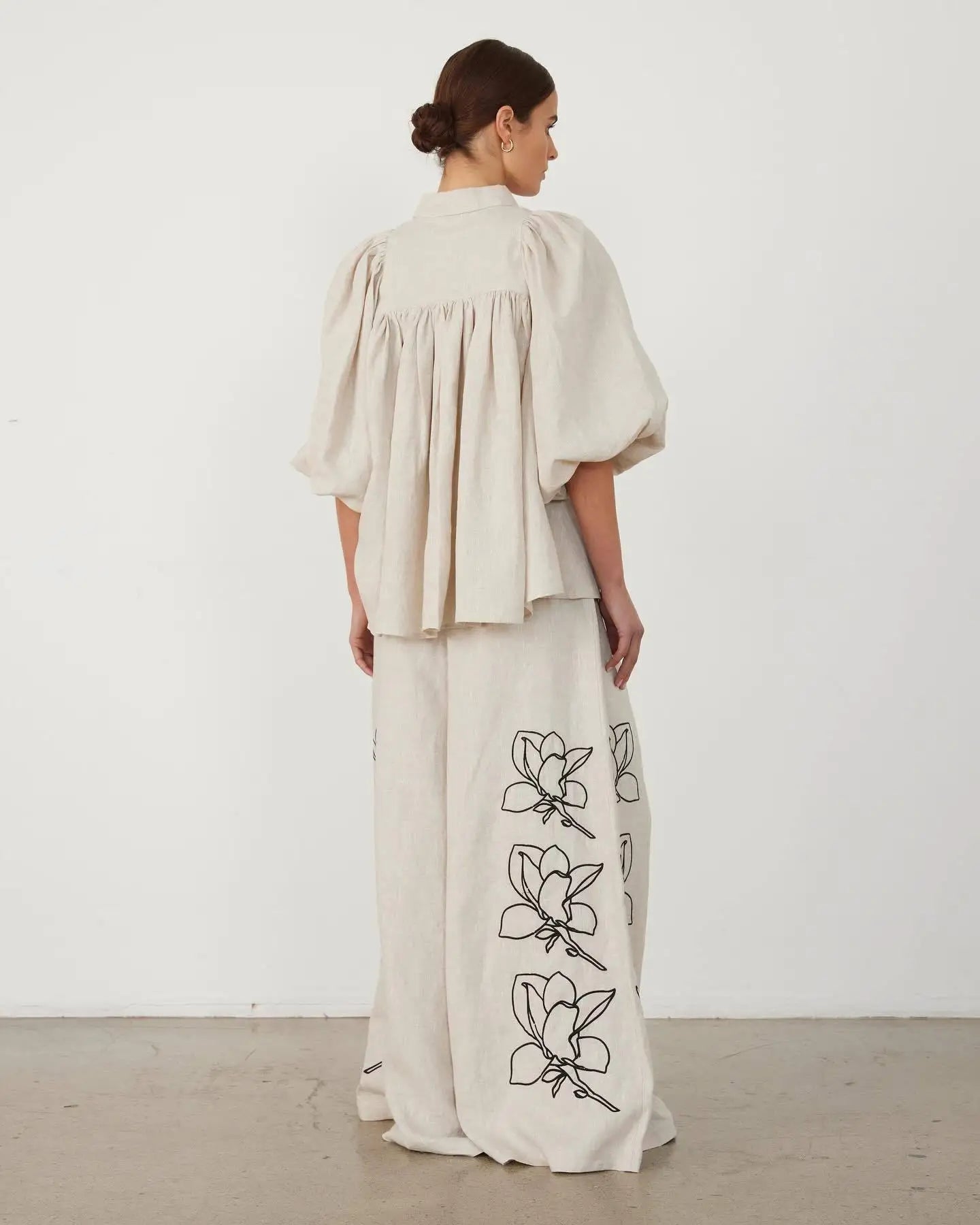 Cotton Linen Women Elegant Two Piece Set Loose Long Sleeve Printed Shirt and High Waist Wide Leg Pants Set Casual Womens Outfits