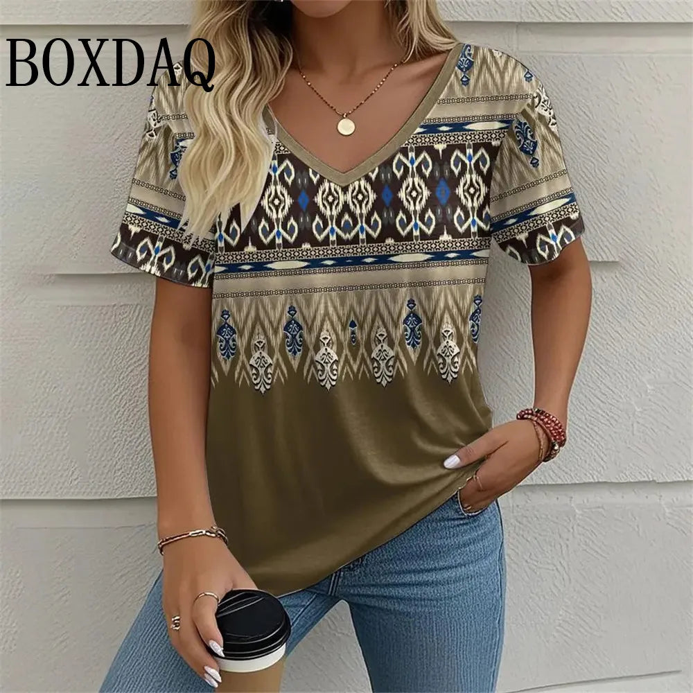 8XL Plus Size Women T Shirt Summer Retro Ethnic Style Pattern Print Tshirts Fashion Casual Loose V-Neck Short Sleeve Ladies Tops
