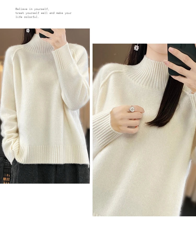 Women's High-Necked Cashmere Sweater 100% Soft Wool Thickened Lazy Raglan Sweater with Slit for Autumn Winter Comfortable Waxy W