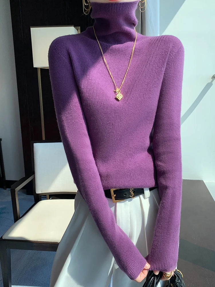 Grace Women Slim Sweater Pullover Turtleneck Basic Cashmere Autumn Winter 100% Merino Wool Knitwear Soft High-end Threaded Tops