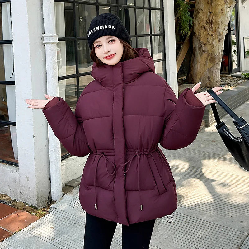 Women's Winter Padded Coat Solid Color Drawstring Waist-cinching Pockets Quilted Jacket For Female Minimalist Lady's Jacket