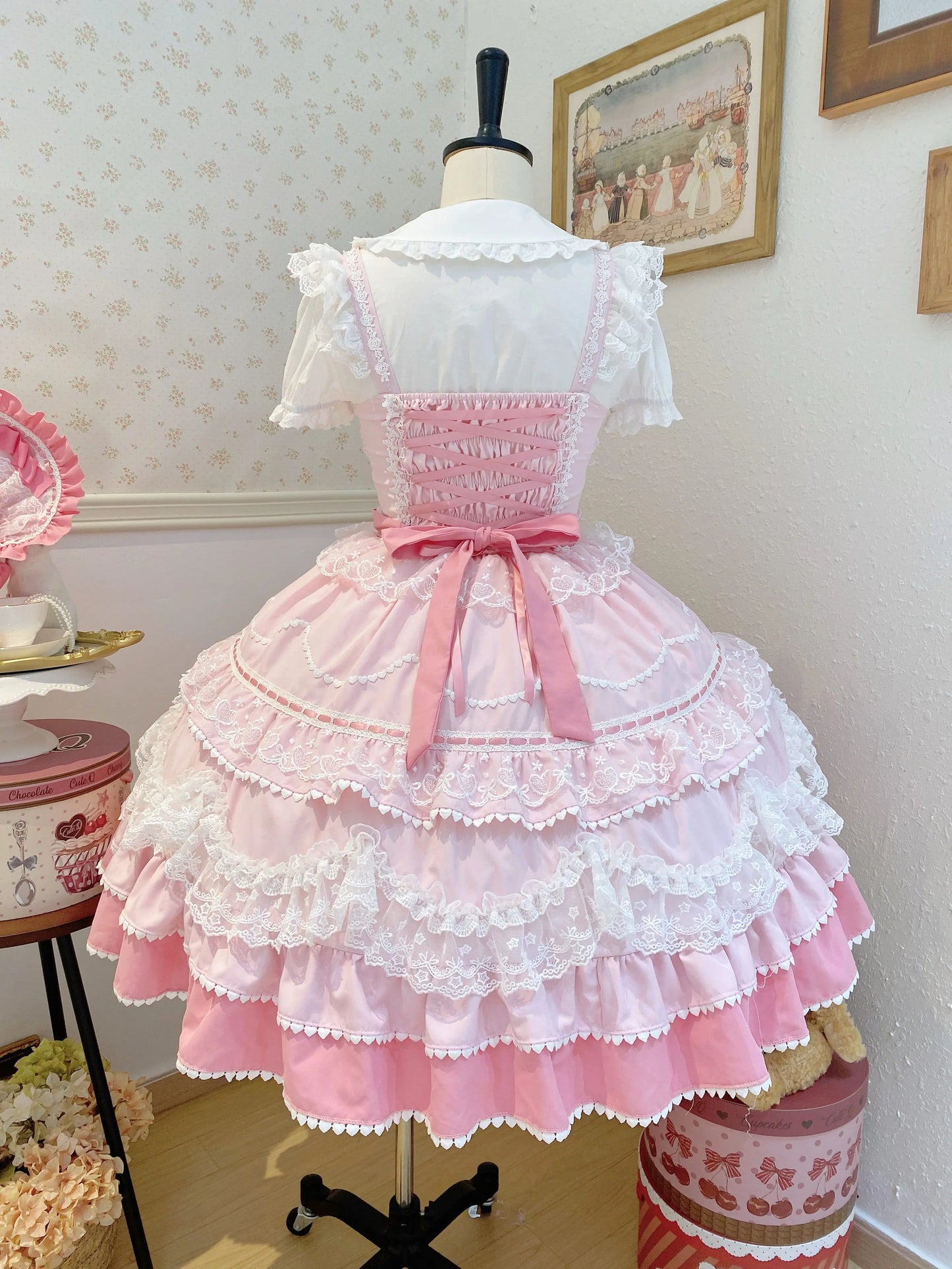 New 2025 Summer Original Sweet Lolita Jsk Dress Cute Bow Lace Stitching Kawaii Girls Women Elegant Slim Suspender Dresses