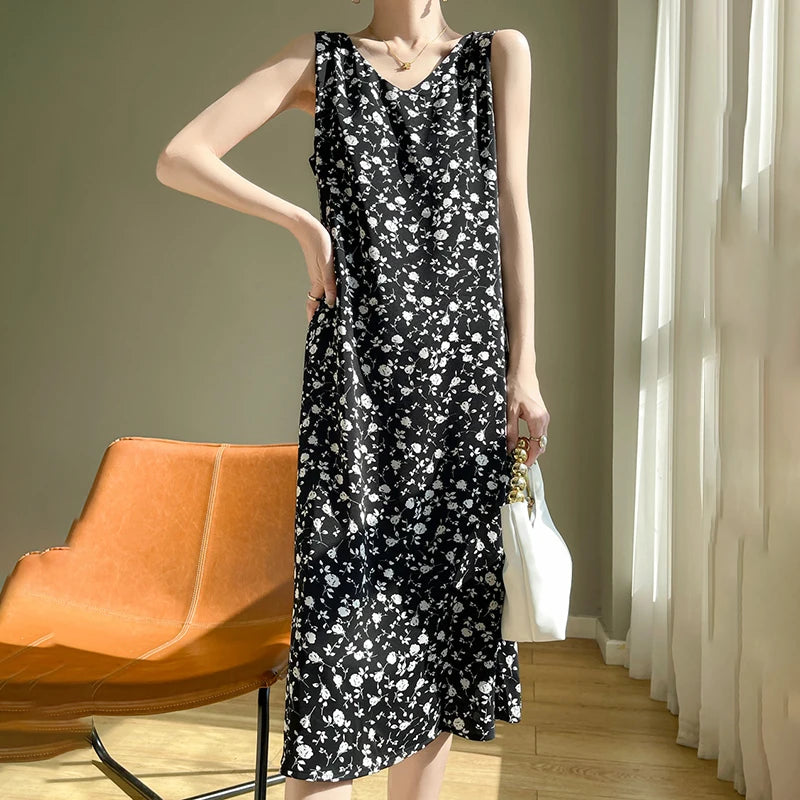 Summer new French silk vest dress for women, acetate satin V-neck light mature fashion floral A-line mid length skirt
