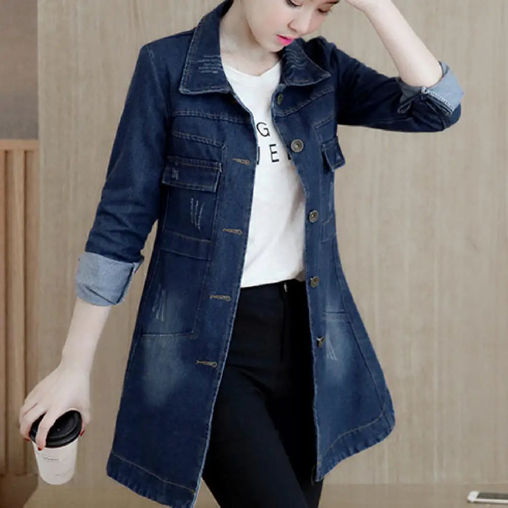 Fashion Single Breasted Long Denim Jacket Shrink Resistant Women Jacket Irregular Hem Long Women Jacket for Vacation