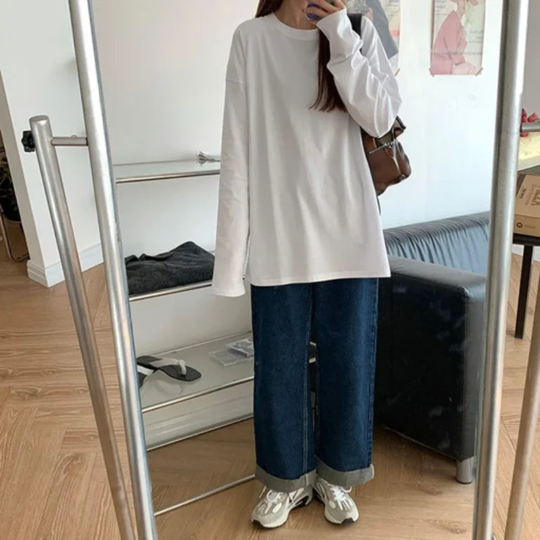 White Pure Color Women T-shirt Student Early Autumn Long Sleeve Tank Top Casual Style Polyester Fabric Comfortable Slim Fit