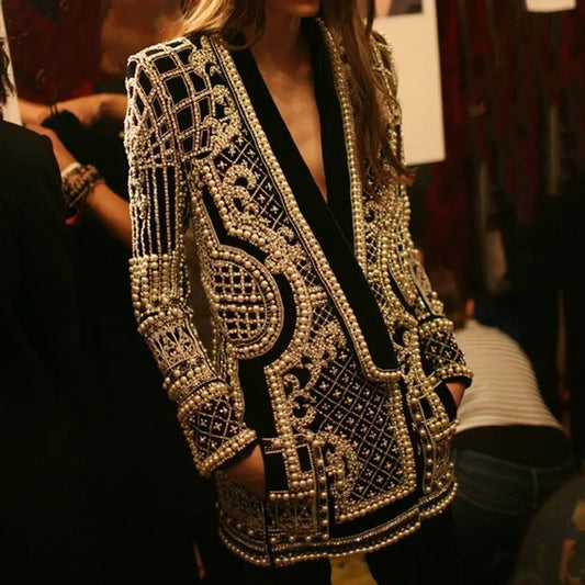 Women Suit Jacket V-Neck Long Sleeved Bubble Bead Print Retro Elegant Fashion Trend Versatile Loose Comfortable Suit Overcoat