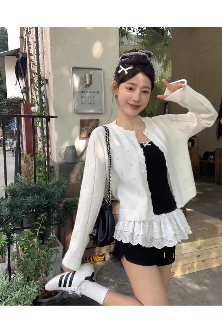 Bow Lace Patchwork Hem Cami White Top Women Camisole Long Ruffle Sleeveless 2025 Spring Autumn Y2K Korean Kawaii Camis Black