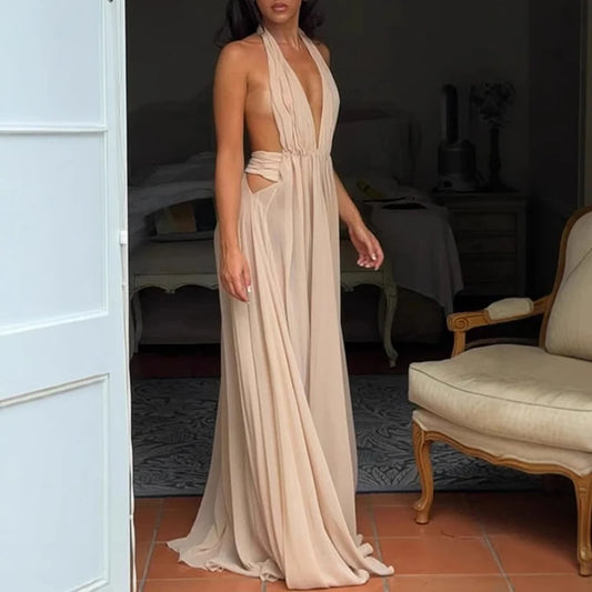 Fashion Full Length Gala Party Dress Vestidos Luxury Women High Waist Evening Dress Elegant V Neck Mesh Backless Evening Dress