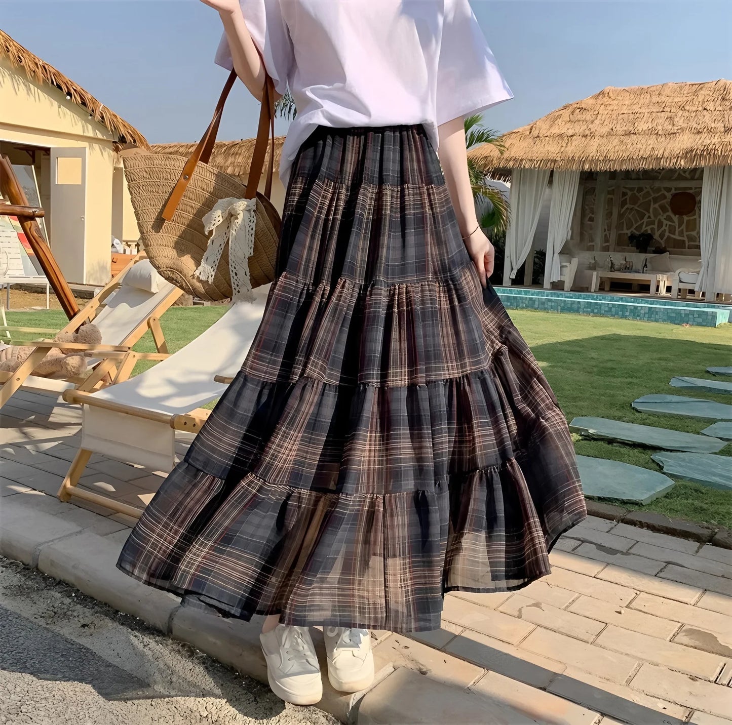 Spring and Autumn Women's Retro Plaid High Waist Skirt Plaid Chiffon Skirt Fashionable and Elegant Long Skirt New A-Line Large Swing Cake Skirt Loose Covering Elegant