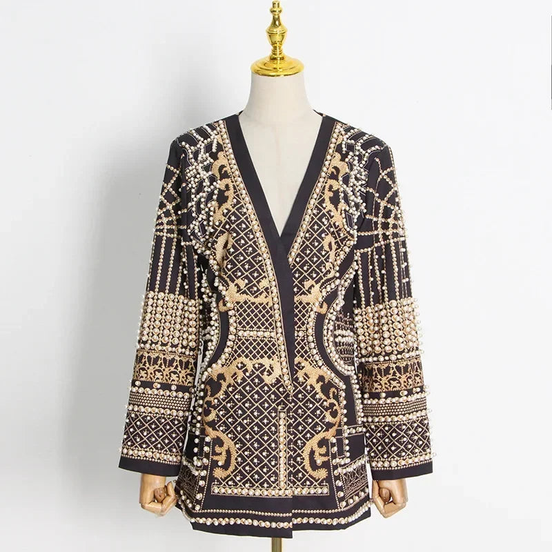 Women Suit Jacket V-Neck Long Sleeved Bubble Bead Print Retro Elegant Fashion Trend Versatile Loose Comfortable Suit Overcoat