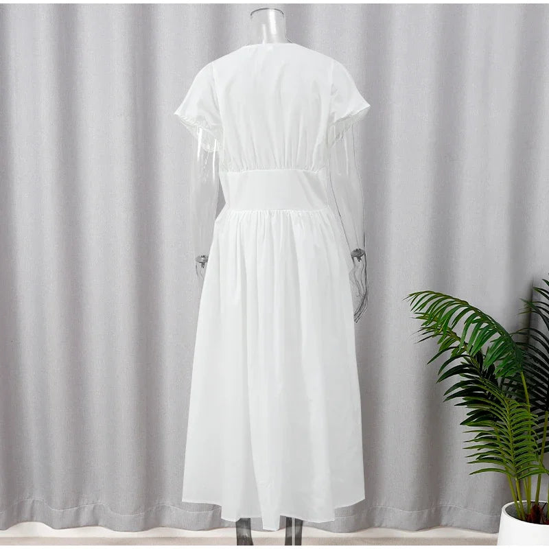 Fashion White Party Long Dress 2024 Women Elegant Pleated Waist Belt Flying Sleeve Office Robe New Lady Street Dresses