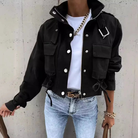 Women Short Jackets Autumn Winter Female Turn Down Collar Long Lantern Sleeve Cropped Biker Cycle Coat Outwear SZE-5353