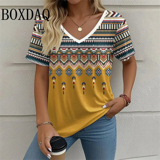 8XL Plus Size Women T Shirt Summer Retro Ethnic Style Pattern Print Tshirts Fashion Casual Loose V-Neck Short Sleeve Ladies Tops