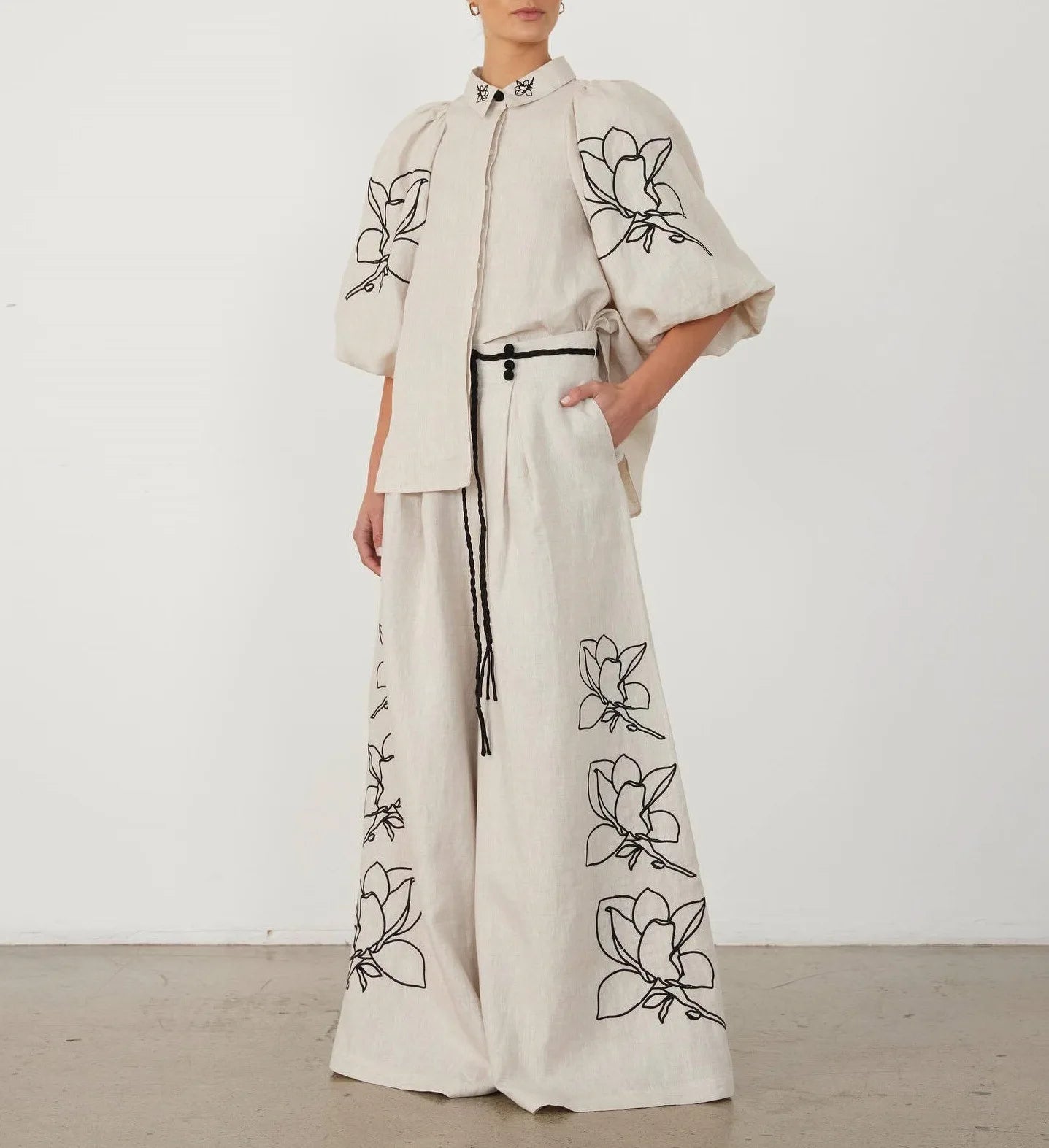 Cotton Linen Women Elegant Two Piece Set Loose Long Sleeve Printed Shirt and High Waist Wide Leg Pants Set Casual Womens Outfits