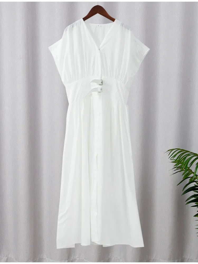 Fashion White Party Long Dress 2024 Women Elegant Pleated Waist Belt Flying Sleeve Office Robe New Lady Street Dresses