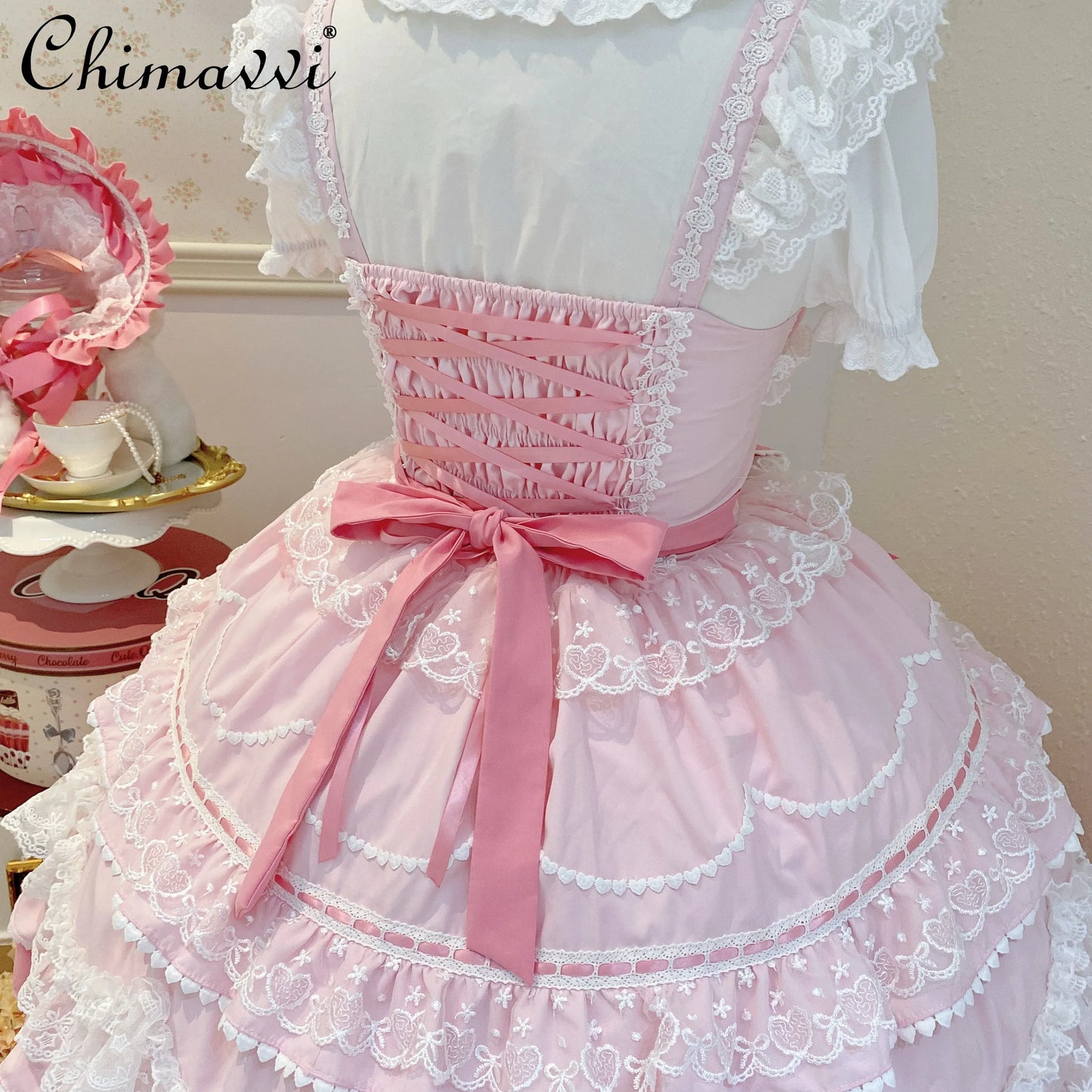 New 2025 Summer Original Sweet Lolita Jsk Dress Cute Bow Lace Stitching Kawaii Girls Women Elegant Slim Suspender Dresses