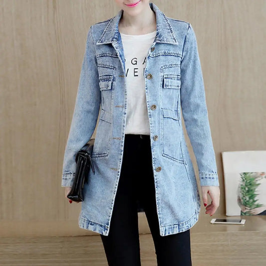 Fashion Single Breasted Long Denim Jacket Shrink Resistant Women Jacket Irregular Hem Long Women Jacket for Vacation