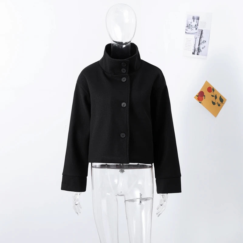 Fashion Women's Stand Collar Woolen Coats Long Sleeve Loose Female Short Coat 2025 Autumn Winter Office Lady Street Jacket