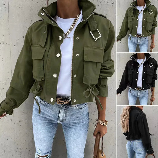 Women Short Jackets Autumn Winter Female Turn Down Collar Long Lantern Sleeve Cropped Biker Cycle Coat Outwear SZE-5353