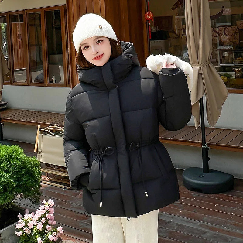 Women's Winter Padded Coat Solid Color Drawstring Waist-cinching Pockets Quilted Jacket For Female Minimalist Lady's Jacket
