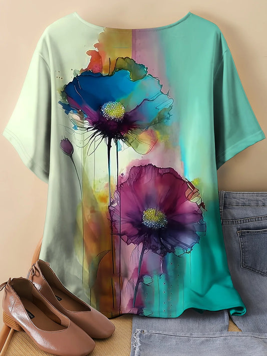 Summer 2025 Plus Size Women Floral Gradient Printed T-shirt Casual Round Neck Blue and Multi-color Short Sleeved Quick Drying