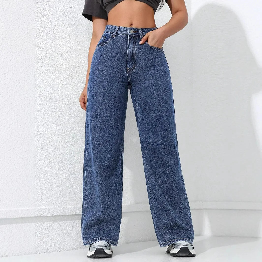Denim Wide Leg Pants Women Streetwear Jeans Washed Distressed High Waist Straight Trousers Female Vintage Basics Floor Length