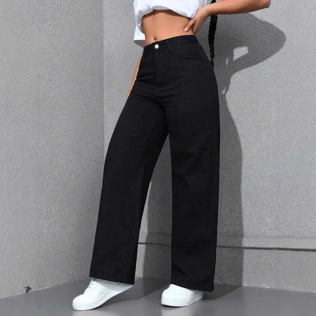 Denim Wide Leg Pants Women Streetwear Jeans Washed Distressed High Waist Straight Trousers Female Vintage Basics Floor Length