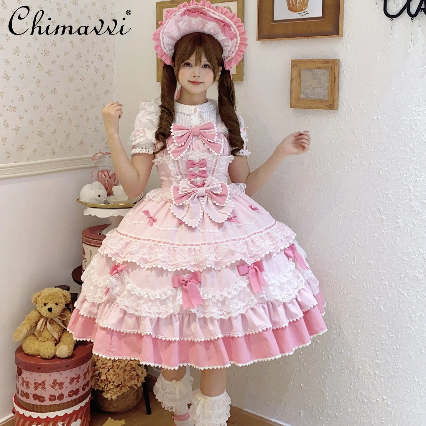 New 2025 Summer Original Sweet Lolita Jsk Dress Cute Bow Lace Stitching Kawaii Girls Women Elegant Slim Suspender Dresses