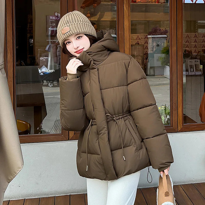 Women's Winter Padded Coat Solid Color Drawstring Waist-cinching Pockets Quilted Jacket For Female Minimalist Lady's Jacket