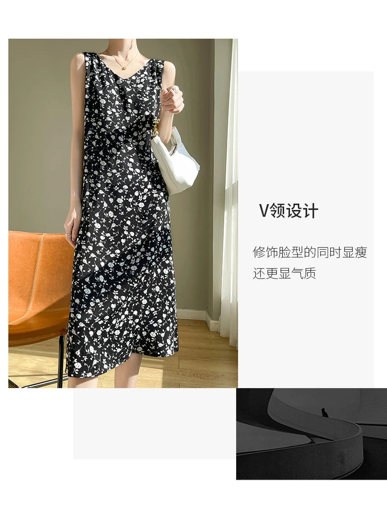 Summer new French silk vest dress for women, acetate satin V-neck light mature fashion floral A-line mid length skirt