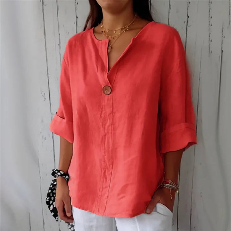 Summer Cotton Linen Blouses For Women 2025 Plus Size V-Neck Button Tee Shirts Casual Half Sleeve Black Tops Loose Women T Shirt