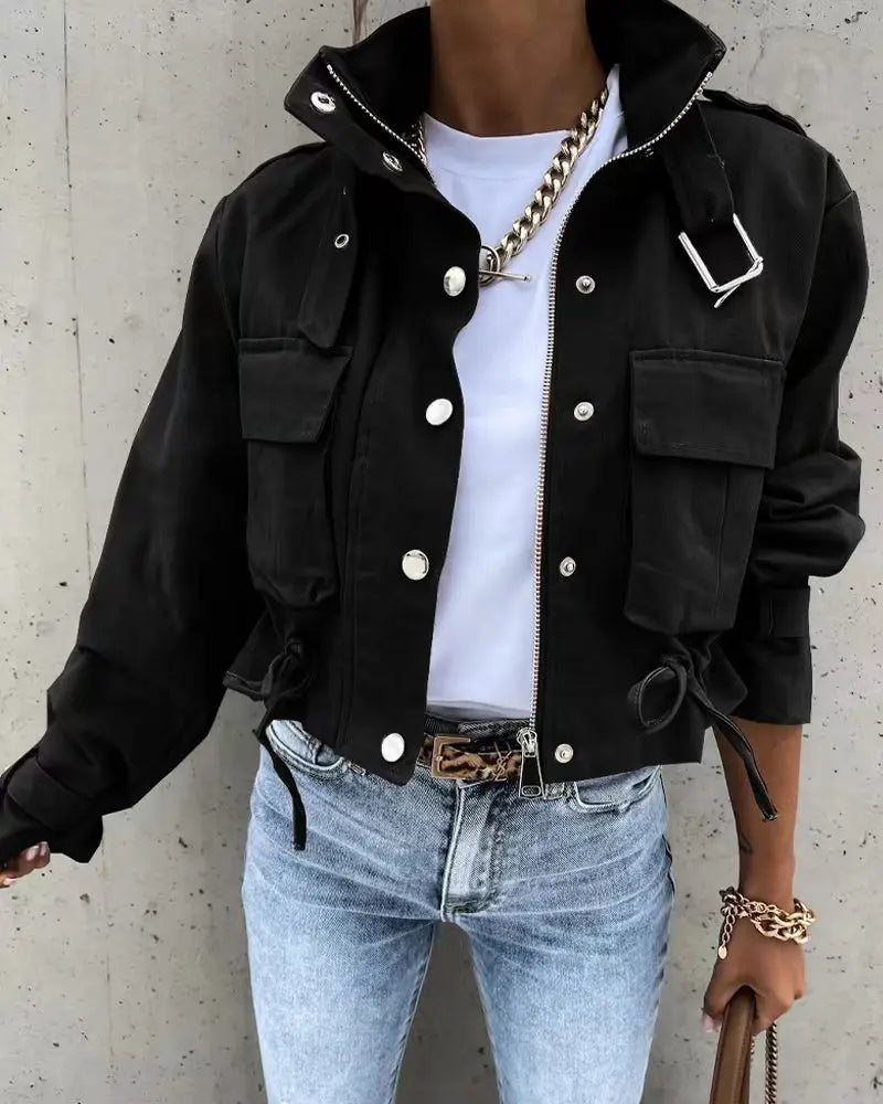 Women Short Jackets Autumn Winter Female Turn Down Collar Long Lantern Sleeve Cropped Biker Cycle Coat Outwear SZE-5353