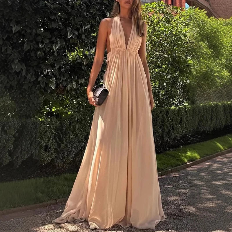 Fashion Full Length Gala Party Dress Vestidos Luxury Women High Waist Evening Dress Elegant V Neck Mesh Backless Evening Dress