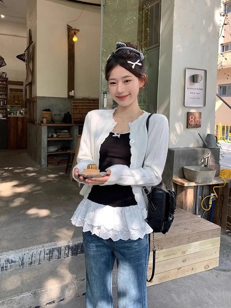 Bow Lace Patchwork Hem Cami White Top Women Camisole Long Ruffle Sleeveless 2025 Spring Autumn Y2K Korean Kawaii Camis Black
