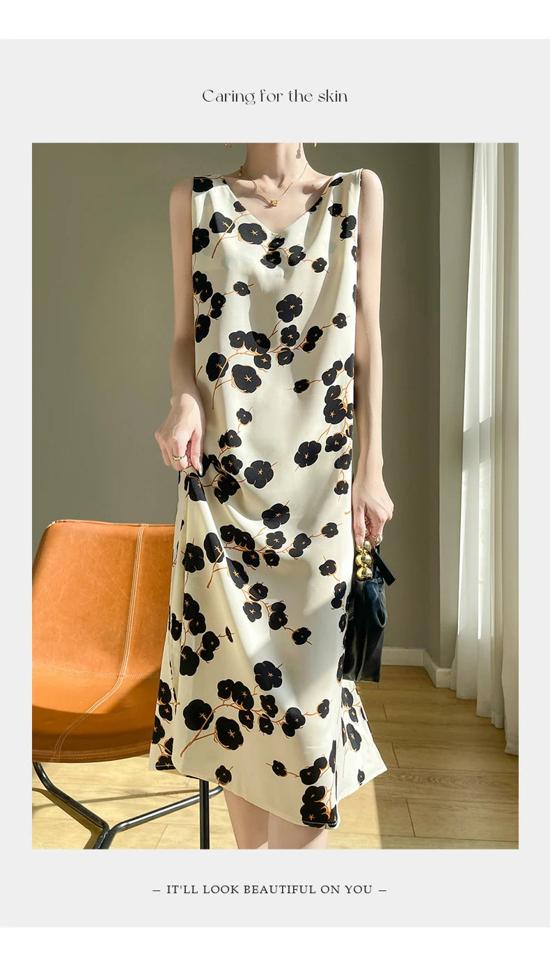 Summer new French silk vest dress for women, acetate satin V-neck light mature fashion floral A-line mid length skirt