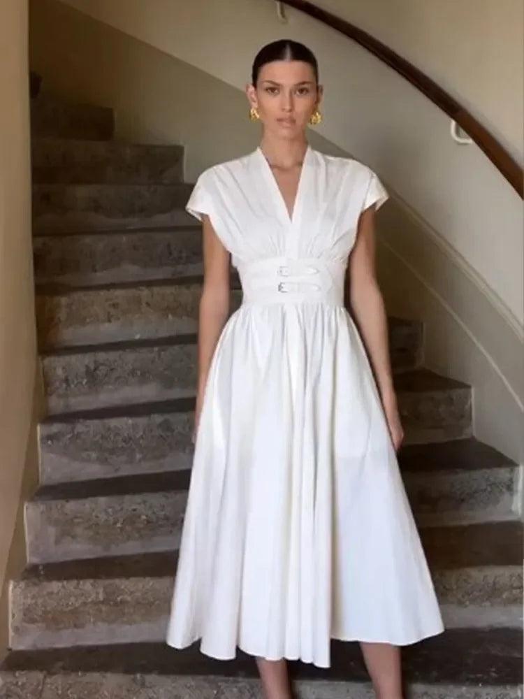 Fashion White Party Long Dress 2024 Women Elegant Pleated Waist Belt Flying Sleeve Office Robe New Lady Street Dresses