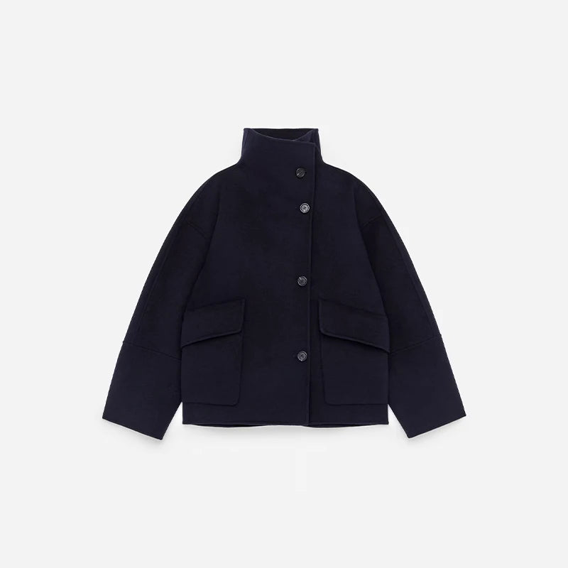 Fashion Women's Stand Collar Woolen Coats Long Sleeve Loose Female Short Coat 2025 Autumn Winter Office Lady Street Jacket