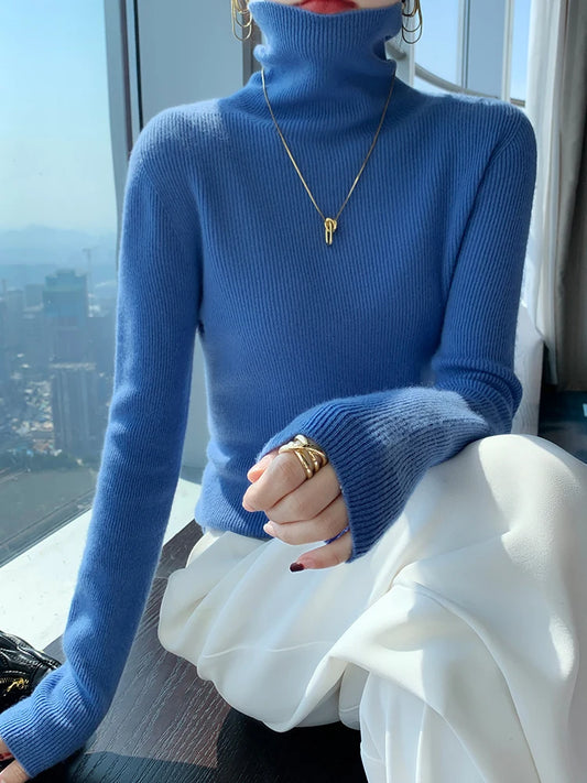 Grace Women Slim Sweater Pullover Turtleneck Basic Cashmere Autumn Winter 100% Merino Wool Knitwear Soft High-end Threaded Tops